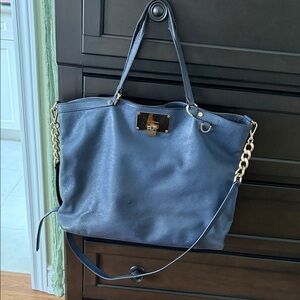 Michael Kors Navy Leather Tote with Gold Chain Accents